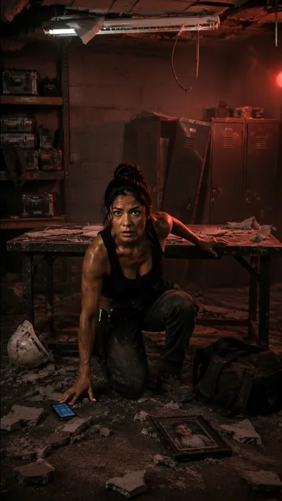Mara Voss, an infrastructure systems engineer, crouched among debris on a damaged floor of Meridian Tower, lit by red emergency lighting.